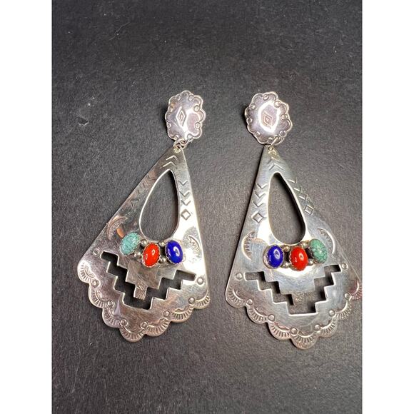 Vintage Navajo Joe Delgarito Sterling Silver Lapis Coral Turquoise Earrings - Picture 1 of 16